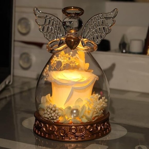 Real Preserved Rose Guardian Angel Glass Dome Copper Plated Base with LED Light - Picture 7 of 13